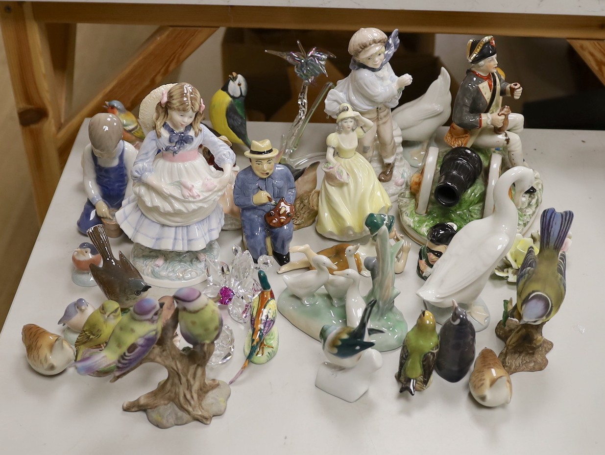 A Royal Copenhagen figure and a collection of Nao ducks, Beswick, Doulton and other birds